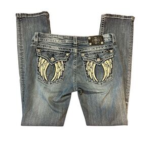 MISS ME Signature Straight Jeans Women Emb. Angel Wings Flap Pockets Size 32x32